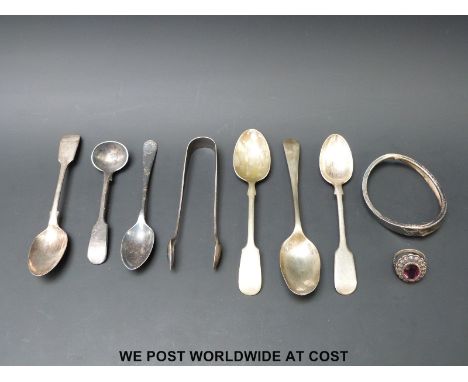 A hallmarked silver spoon, a Victorian silver and gold ring set with an amethyst and marcasite, silver plated spoons etc 