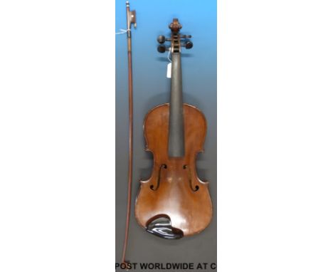 A vintage violin with Antonius Stradivarius Cremonensis label, 35.5cm back with wax seal, with case and bow