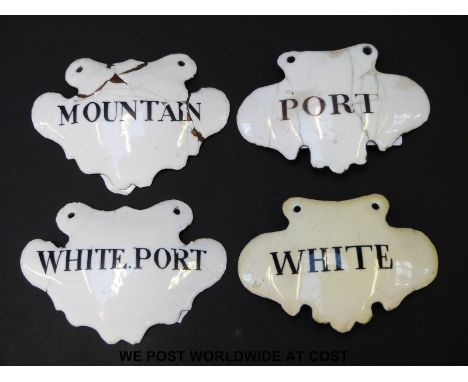 Four late 18th / 19thC enamel wine labels including White Port, Mountain, Port and White 