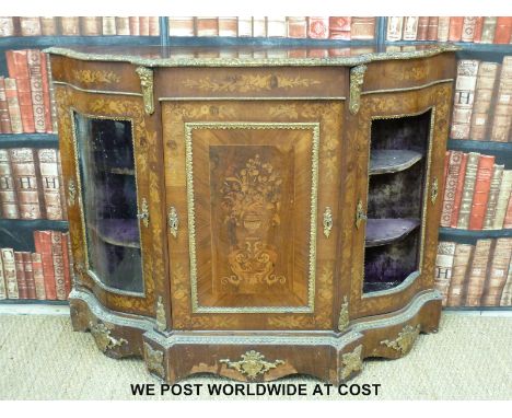 A 19thC inlaid walnut breakfront credenza with two serpentine glazed cupboards (one glass missing) either side of a central c