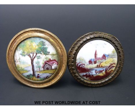 Two 18thC English Bilston enamel cloak pins or chimney piece knobs, one polychrome decorated with a man fishing in a river be