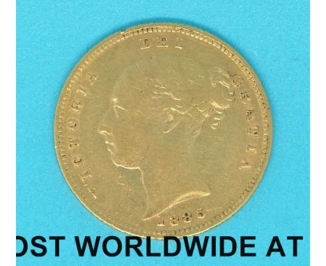 An 1885 Victoria young head gold half sovereign, no die no, first reverse