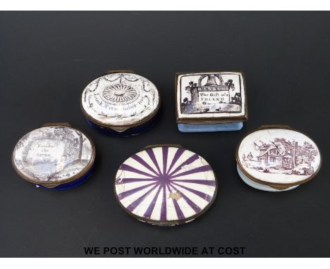 Five 18thC Bilston and Battersea enamel pill boxes including 'The Gift of a Friend' 'Look and Remember Me' 'Esteem the Giver'