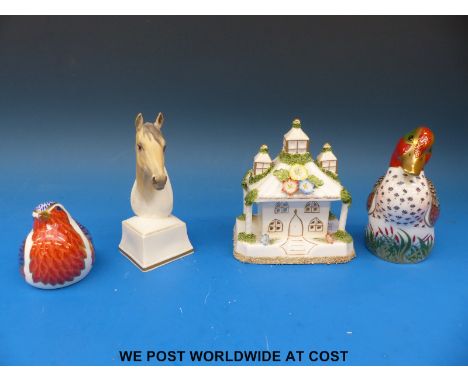 Two Royal Crown Derby paperweights 'Green Winged Teal' and a 'Robin' together with a Royal Worcester bust of a horse and a Co