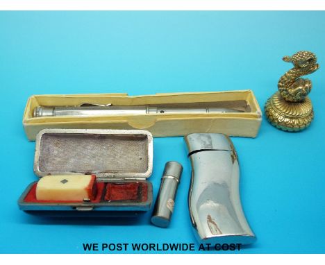 A boxed "Four-in-Hand" four-colour pencil, shaped vesta, a pill box with fish finial and an inlaid ivorine seal in leatherett