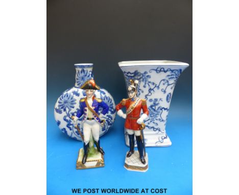 Blue and white moon flask and vase (25cm tall) and a pair of Capodimonte soldiers 