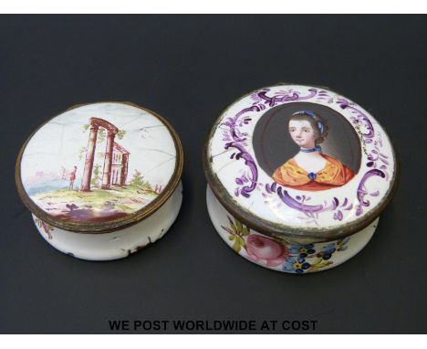 Two 18thC enamel patch boxes, one decorated with a smaller length bust of a woman, the other with ruins. Largest 2.8cm tall a