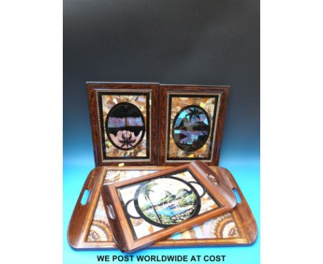 A vintage ash bound suitcase, two butterfly wing trays and two pictures 