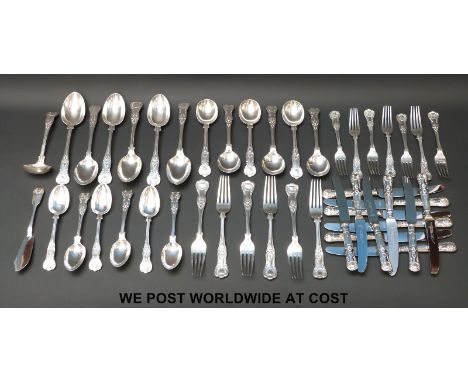 A six place canteen of Kings pattern hallmarked silver cutlery, comprising six table forks, seven desert forks, six table spo