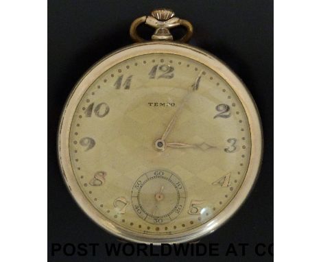 A Tempo gold plated pocket watch with engine turned decoration to face, subsidiary seconds dial and gold hands and numerals, 