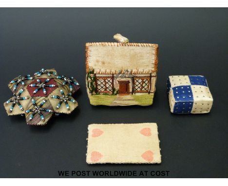 Four 19thC embroidery / needlework pin cushions including a cottage, patchwork and beadwork examples together with another in