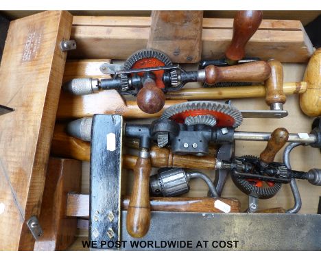 A quantity of vintage tools to include hand drills, leadworking mallets, screws including No.14 