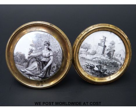 Two 18thC Bilston enamel cloak pins or chimney piece knobs, both decorated en grisaille, one with a reclining maiden the othe