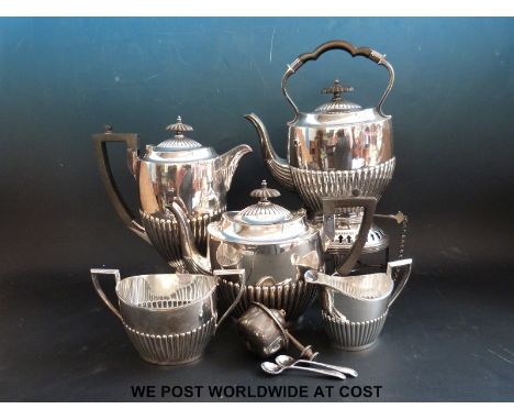 A Mapin & Webb silver plated five piece tea service to include a spirit kettle