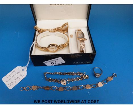 Two 9ct gold bracelets and a 9ct gold ring and Accurist watch and matching bracelet and a Rotary watch with jewelled bezel 