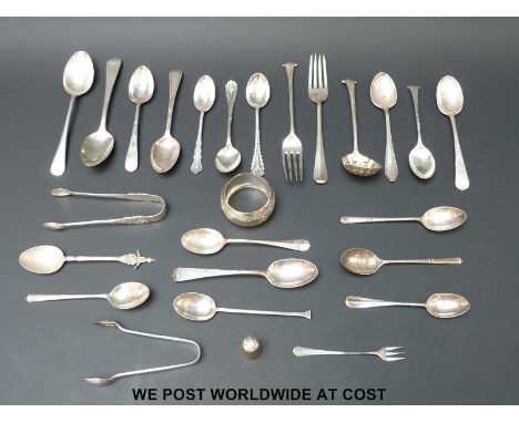 A quantity of hallmarked silver spoons and other cutlery, napkin ring etc, (404g)