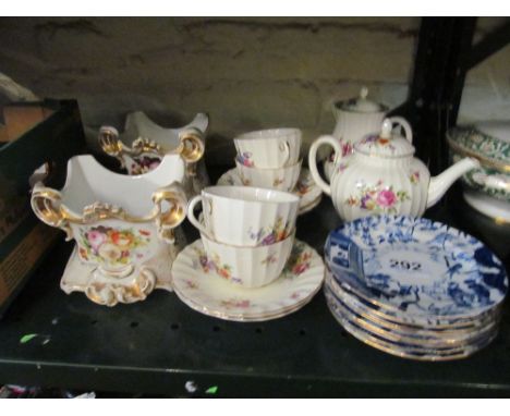 A Royal Worcester Roanoke tea service, four cups, four saucers, teapot (lid a/f) and water jug, two Staffordshire square vase