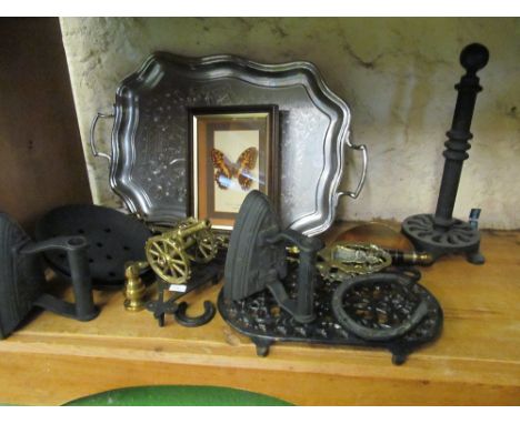 Some fireirons, flat irons, trowel, plated tray et cetera