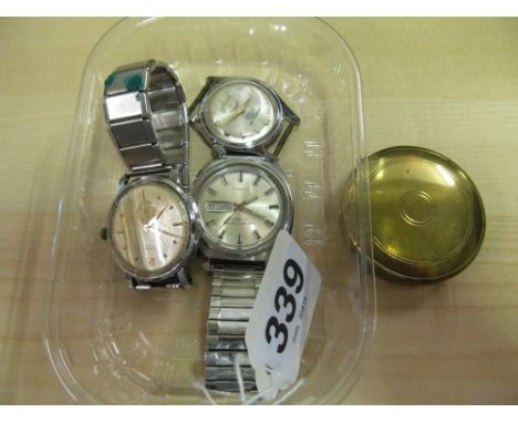 A Certina gents watch and two others and a brass cased compass