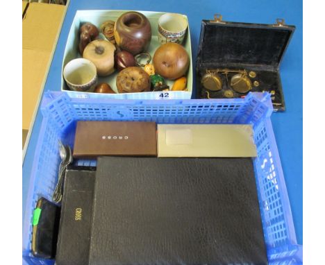 Some pens, cased scales, treen, Mahjong et cetera