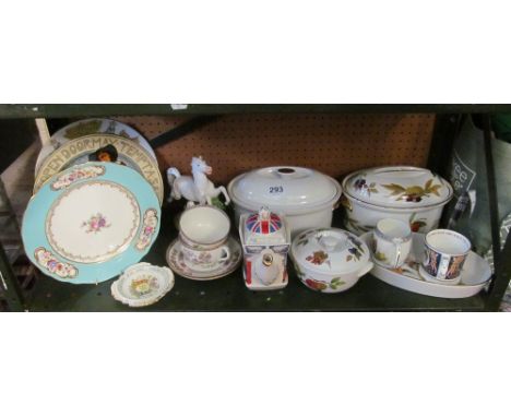 Two Evesham casserole dishes, casserole dish, dish, some commemorative china, two Spode cups and saucers et cetera