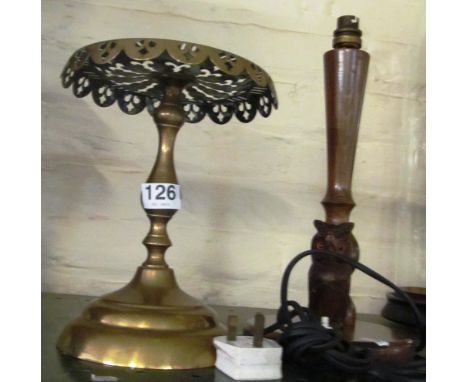 An owl treen table lamp and brass trivet