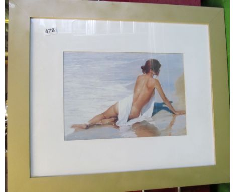 A print semi-nude lady on waters edge