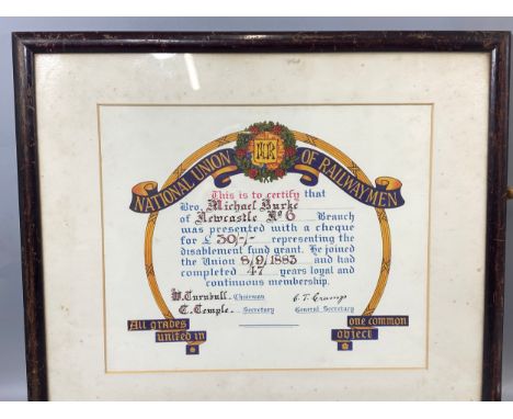 Antique National Union of Railwaymen cheque issued 8/9/1883 in good condition also in frame 