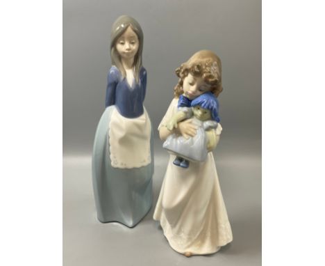 2x Nao by lladro figures girl with doll and girl politely standing both in good condition 