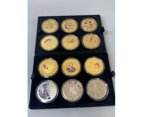 9 gold plated one crown modern medallions to include Back bone of the army and God speed the plough 