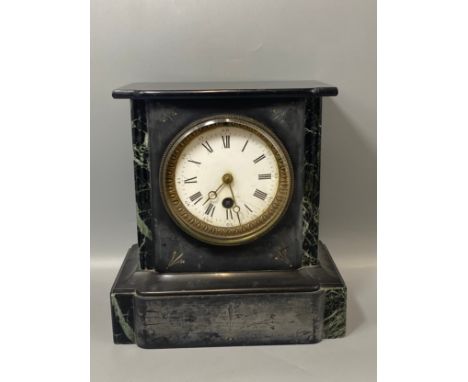 Antique French Slate &amp; Marble Mantel Clock with glass brass bezel 