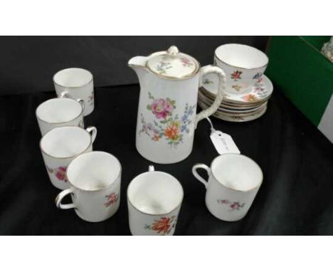 Aynsley porcelain coffee service, to include six coffee cups and saucers, a coffee pot and sugar bowl, each with flower decor