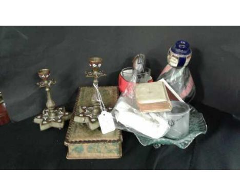 mixed lot to include pair of enamel and onyx candlesticks, Haig water jug, glove box and various tins etc. (qty)