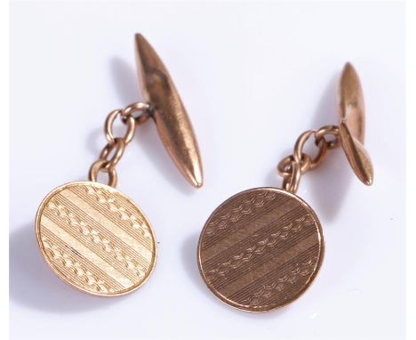 Pair of 9 carat gold pair of cufflinks, with engine turned disc and tube ends, 4.1 grams