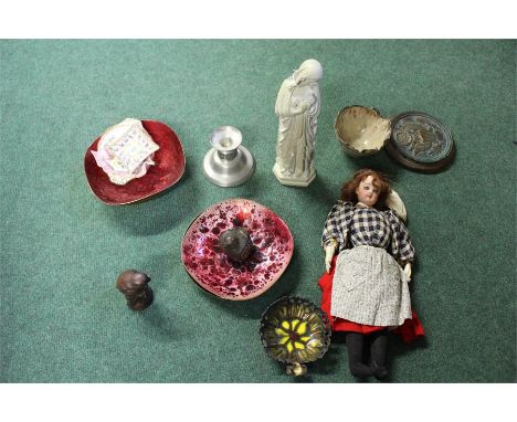 Works of art, to include a candle stick, enamel dishes, pottery bowl, a doll, a figure, birds, dial, etc, (qty)