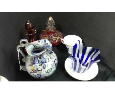 Millefiori glass jug, together with a glass vase and a Royal Worcester cup and saucer, (4)