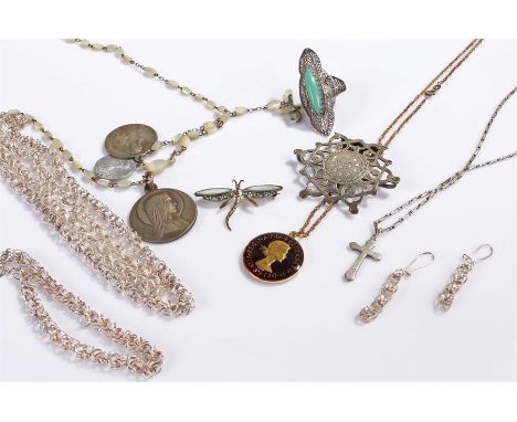 Silver jewellery, to include chains, a brooch, a ring, also included Rosary bead necklace etc, (qty)