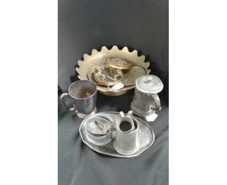 Mixed collection of lead, sliver plate and brass ware to include a tobacco pot, tankards, fruitbowl and miniature portrait (q
