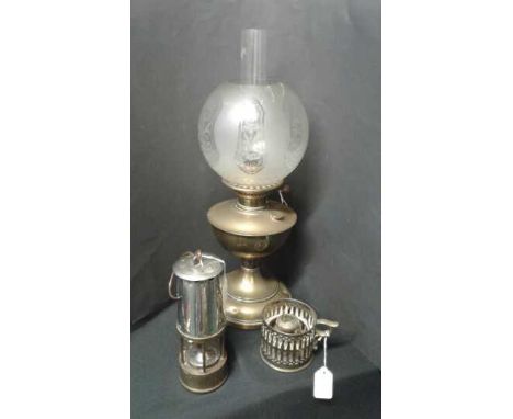 Brass oil lamp with frosted glass shade together with two small oil lamps (3)