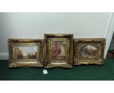 Three framed prints, a Hunting scene together with a print of a cockerel after Hilton Pratt and Venice scene after A.Prattlel