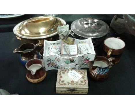 Antique porcelain desk stand with hand painted floral design, together with two Royal Worcester oven proof dishes,and four co