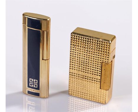 Givenchy gold plated and enamel lighter, with a blue band of enamel to either side, together with another, (2)