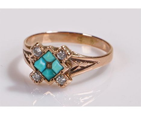 Diamond and turquoise set ring, the head with a central four turquoise square with diamonds to the corners, ring size L