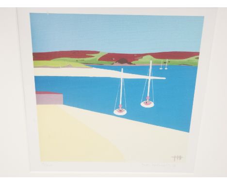 Tom Holland limited edition print, boats on the coast. Signed and numbered 5 of 250 to border. Framed and glazed. 18cm x 18cm
