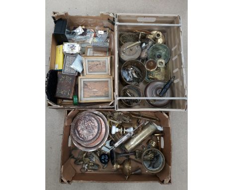Metalware and Collectibles, three boxes of vintage and modern copper and brass ware including kettles a bed warmer and a Brit