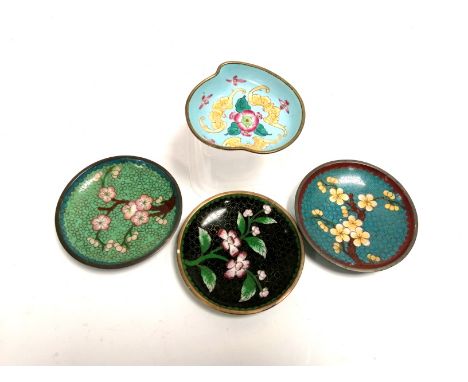 A Chinese Canton enamel dish of peach form decorated with bats surrounding a flower,  diameter 9cm, together with three other