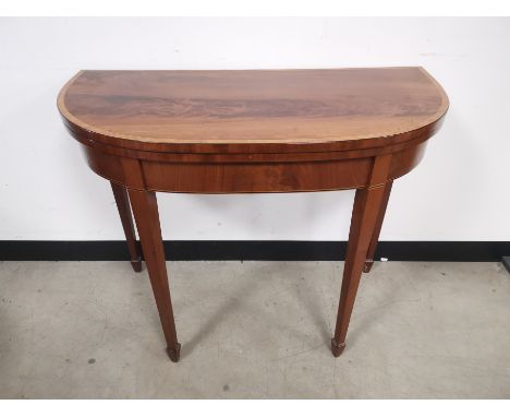 19th Century folding card table, tapered spade supports. Damage to felt. 91cm W x 44cm D x 72cm H (closed)