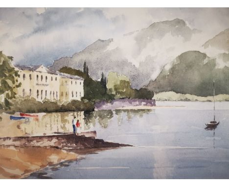 Morgan Hughes (20th Century), watercolour,  entitled 'Lake Como' Italy. Signed 'Morgan' lower right. 36cm x 26cm. Framed and 