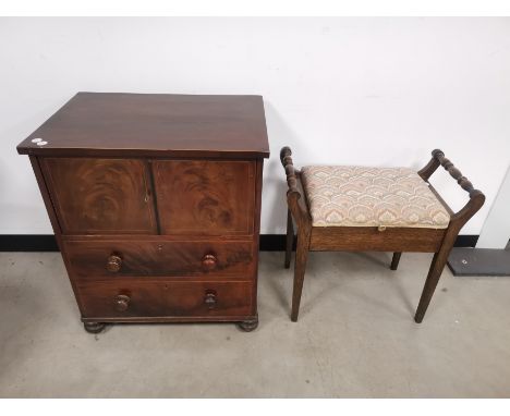 Oak piano stool,  having multicoloured upholstered seat, lidded compartment. Together with a commode. (2)
