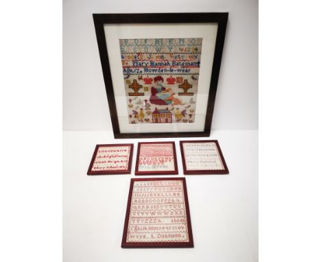 Late 19th Century sampler needlework, by Mary Hannah Bateman, aged 12 from Howden-Le-Wear. Depicting figure playing with dog,